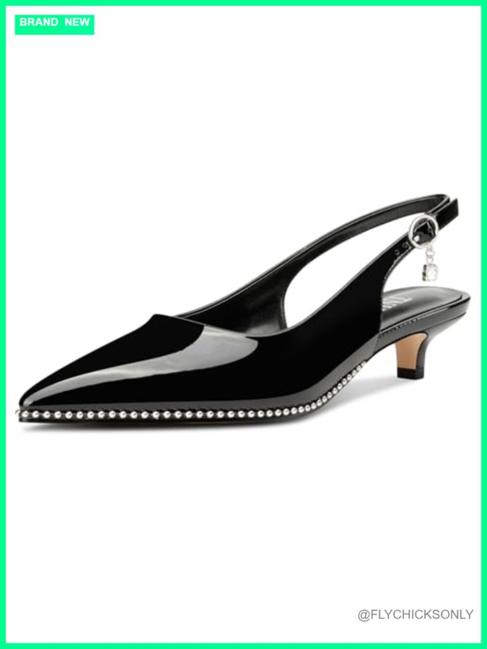 Kitten Heel Slingback Pointed Toe Pumps Patent Leather Silver Beaded Buckle